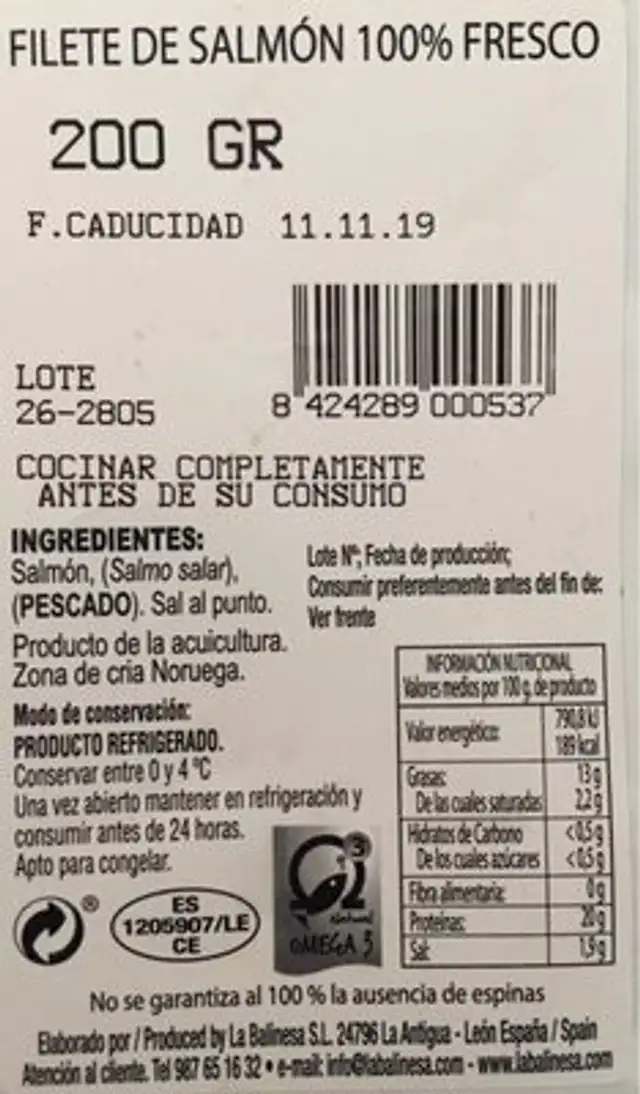 Salmon 100 % Fresco nutrition facts table