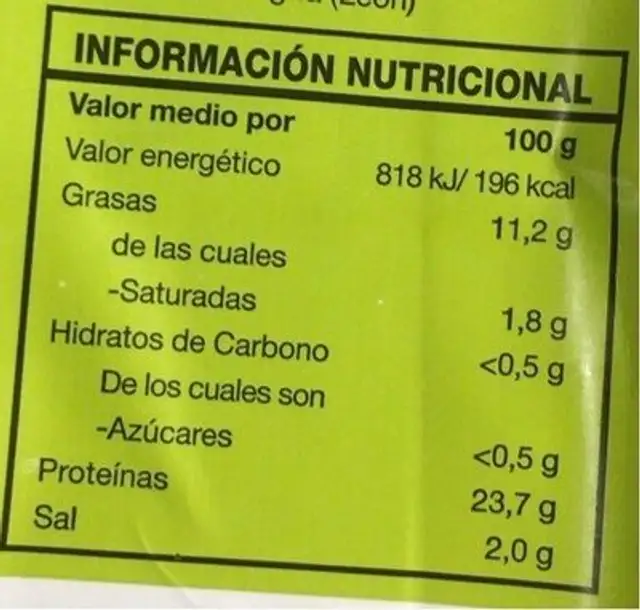 Salmón Ahumado Noruego nutrition facts table