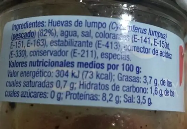 Huevas de Lumpo nutrition facts table