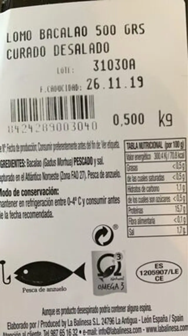 Bacalao curado desalado y refrigerado nutrition facts table