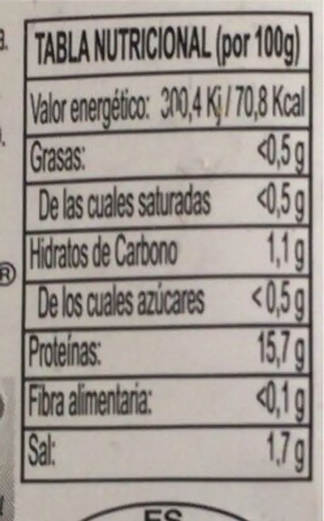 Lomos bacalao nutrition facts table