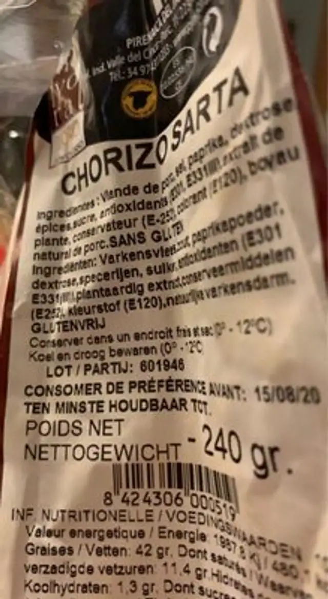 Chorizo nutrition facts table