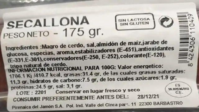 Longaniza nutrition facts table