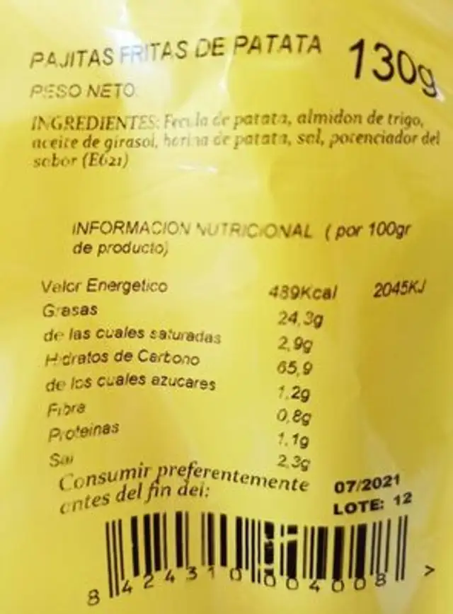 Aperitivos la Clementina nutrition facts table