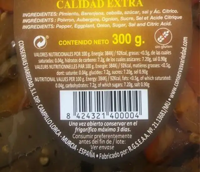 Escalivada nutrition facts table