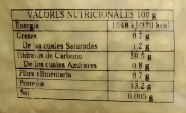 Copos de avena nutrition facts table