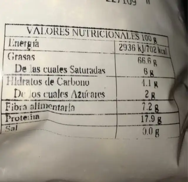 Nueces nutrition facts table