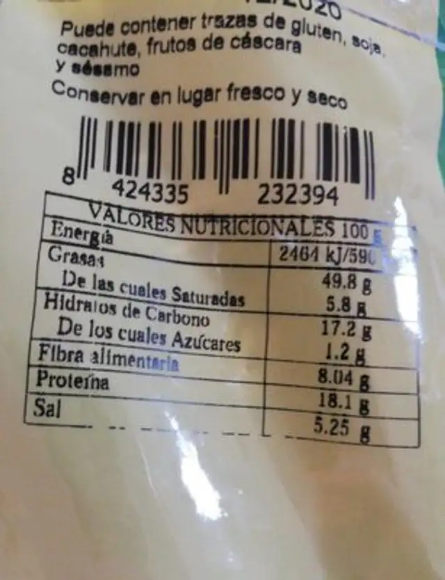 Pipas girasol tostadas sal nutrition facts table