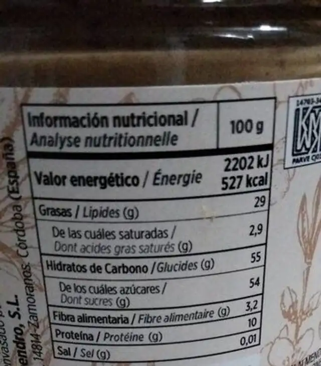 Praliné de almendra piel tostada nutrition facts table