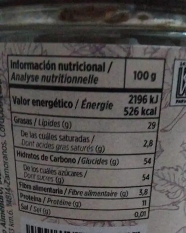 Praliné de avellana nutrition facts table