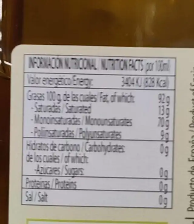 Aceite de Oliva virgen extra nutrition facts table