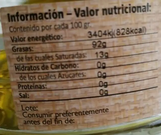 ACEITE de oliva virgen extra picual nutrition facts table