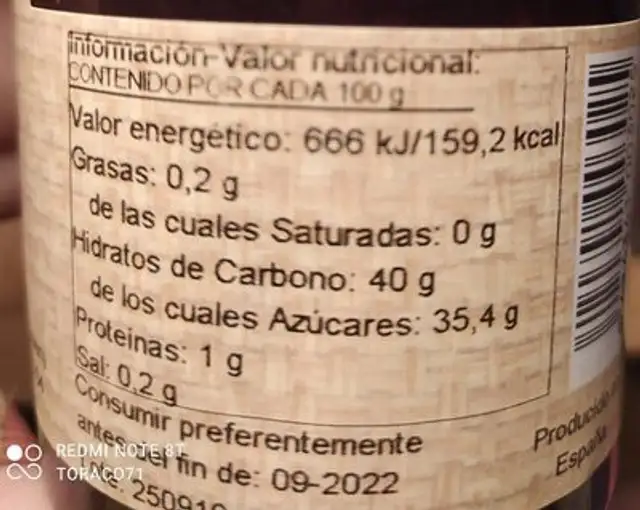 Mermelada de Mora nutrition facts table