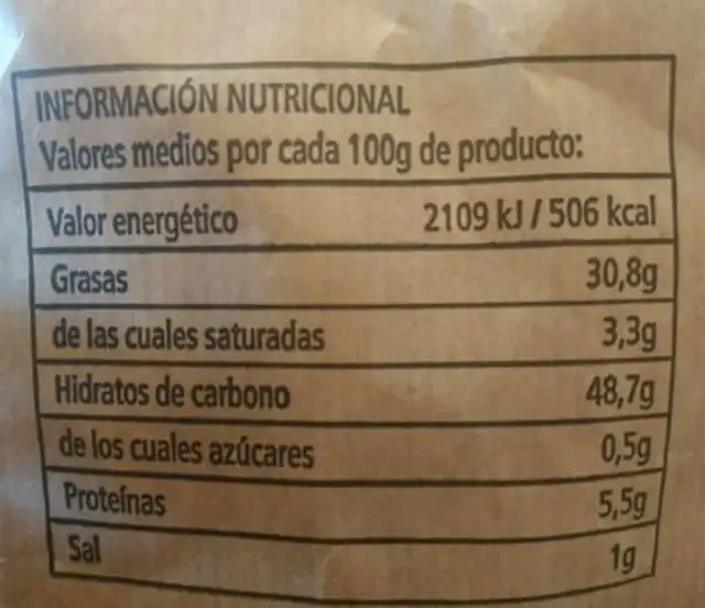 Patatas fritas artesanas nutrition facts table