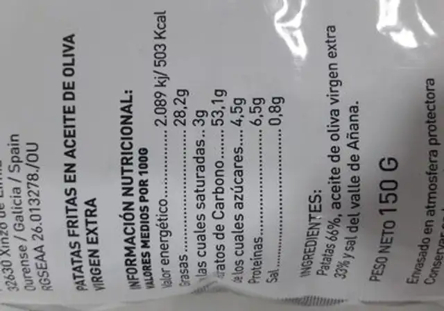 patatas fritas nutrition facts table