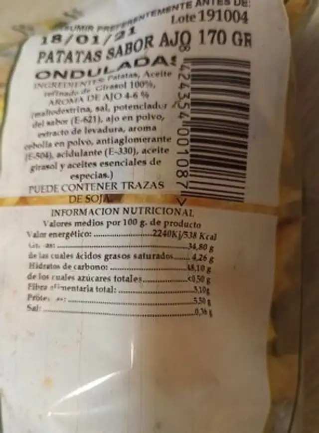 Patatas fritas al ajillo nutrition facts table