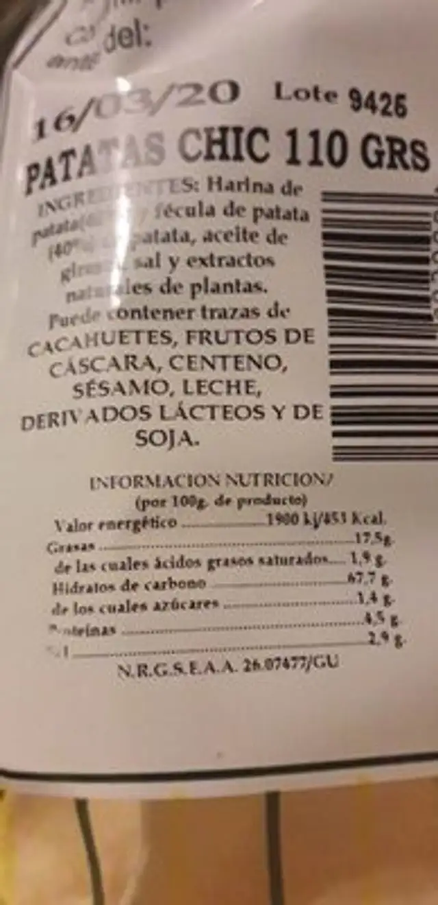 Patatas fritas light nutrition facts table