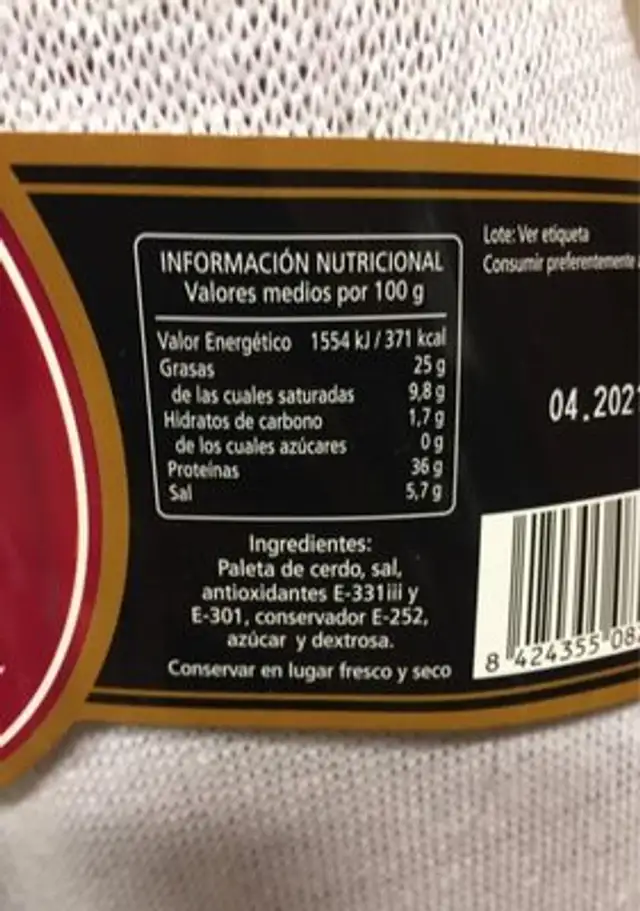Paleta curada gran reserva nutrition facts table