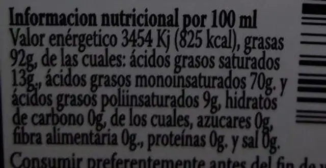 Aceite oliva virgen extra nutrition facts table