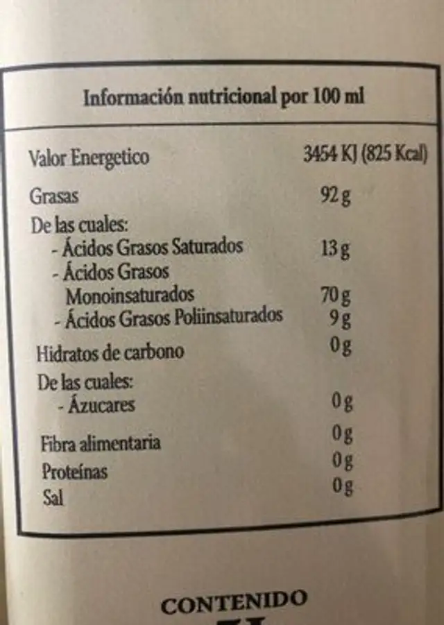 Aceite de oliva virgen extra nutrition facts table