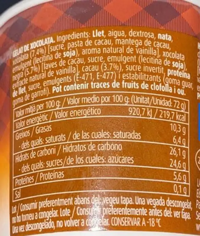 Helado chocolate nutrition facts table