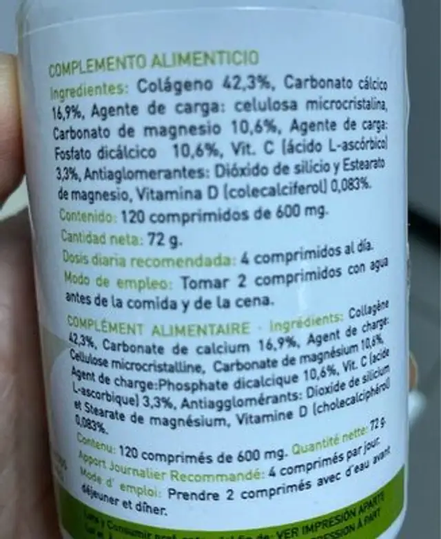 Colágeno con magnesio y vitamina C y D nutrition facts table