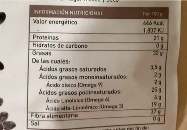 Semillas de Chía nutrition facts table