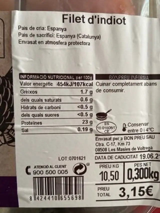 Filet d'indiot ingredients label