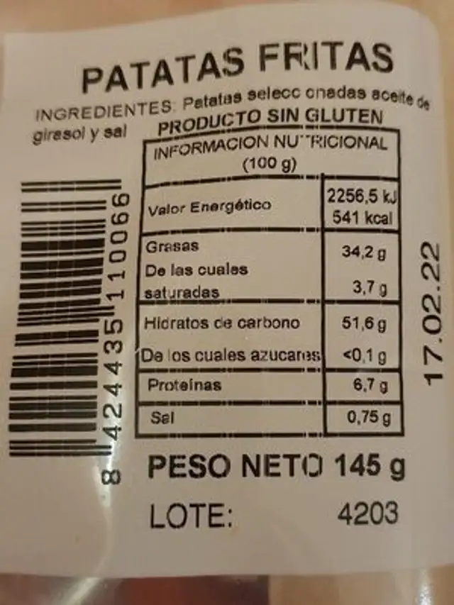 Patatas fritas ingredients label