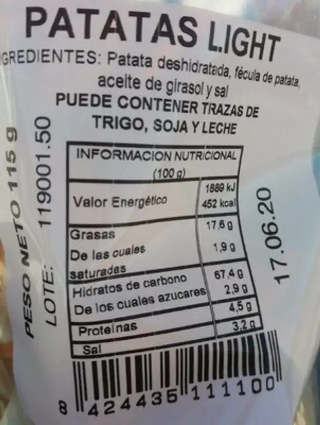 Patatas Light nutrition facts table