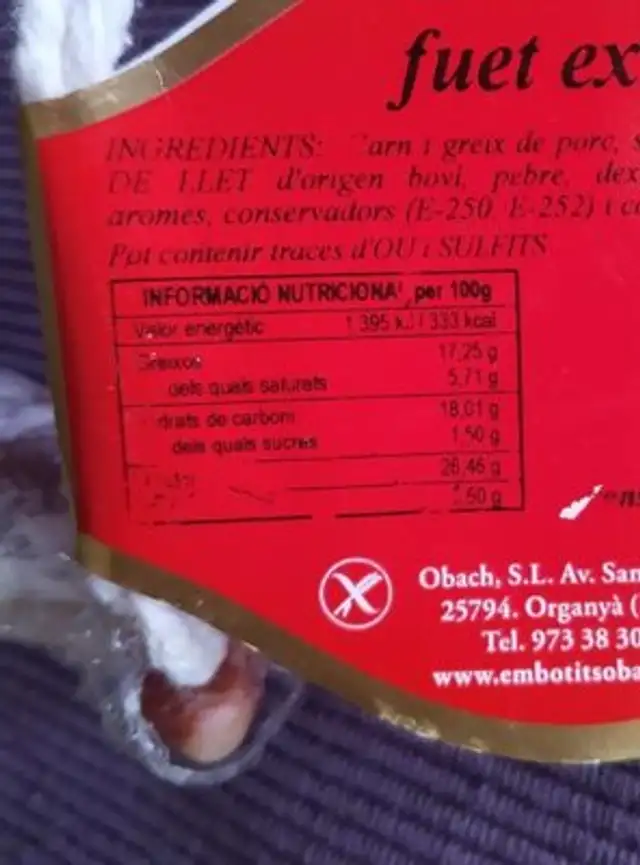 Fuet extra nutrition facts table