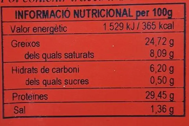 Escalona extra nutrition facts table