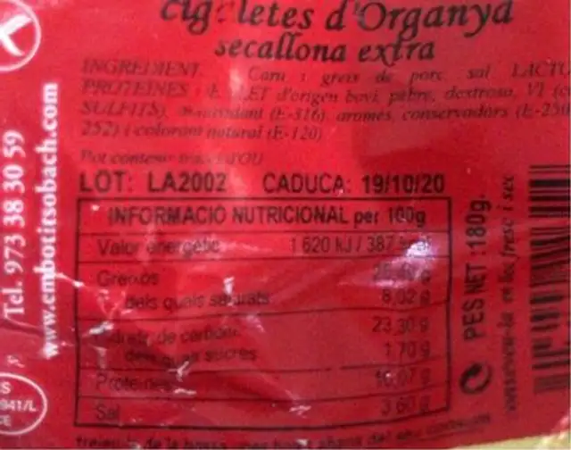 Embotits nutrition facts table