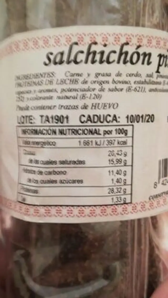 Salchichon pimienta nutrition facts table