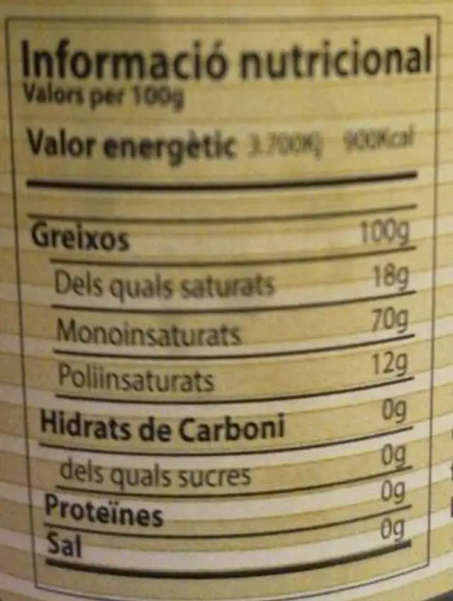 Aceite de oliva virgen extra nutrition facts table