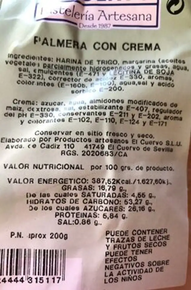 Palmera con crema nutrition facts table