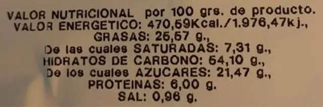 Palmera de chocolate y natilla nutrition facts table