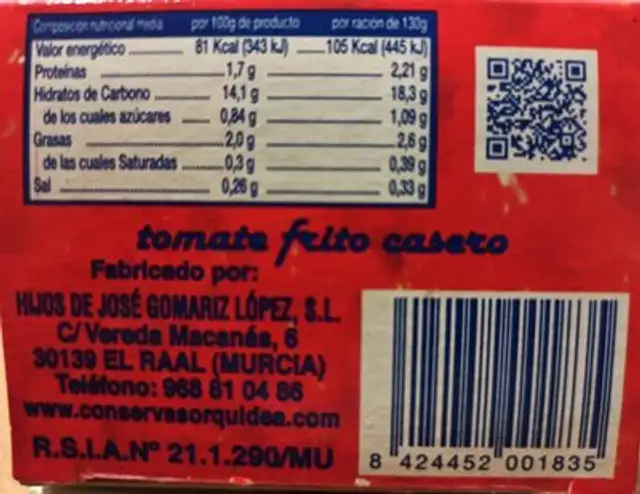 Tomate frito casero nutrition facts table