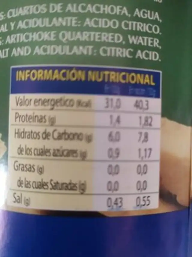 Cuartos de alcachofa nutrition facts table