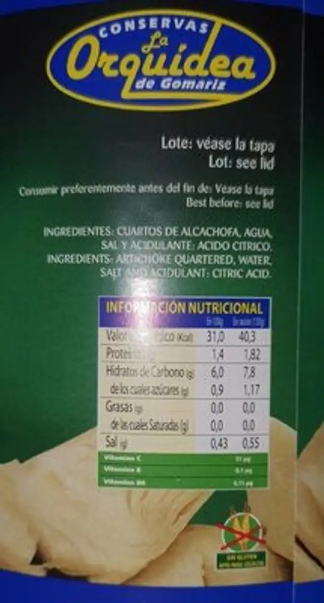 Alcachofa nutrition facts table
