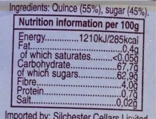 Membrillo natural quince paste nutrition facts table