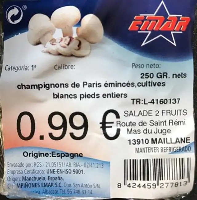 VERDURAS CHAMPIñONES BDJA. UD. CHAMPIñONES VERDURAS ingredients label