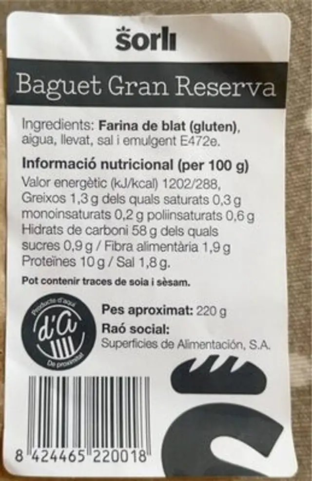 Baguet Gran Reserva nutrition facts table
