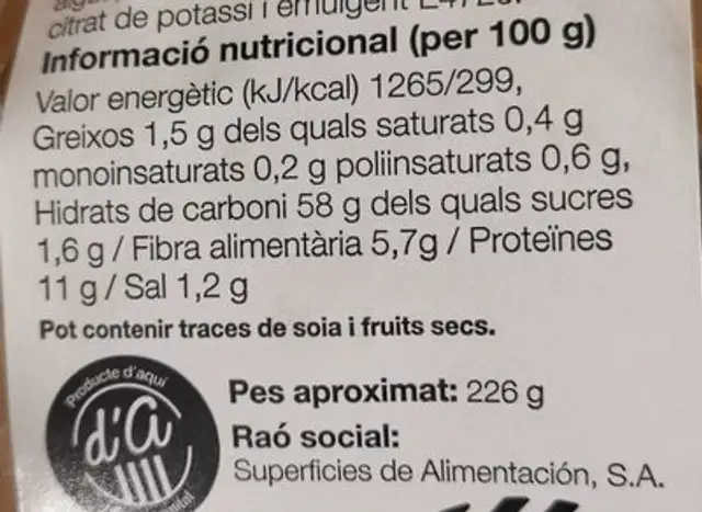Baguet amb segó nutrition facts table