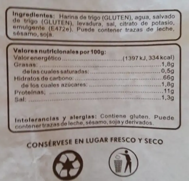 Barrita integral nutrition facts table