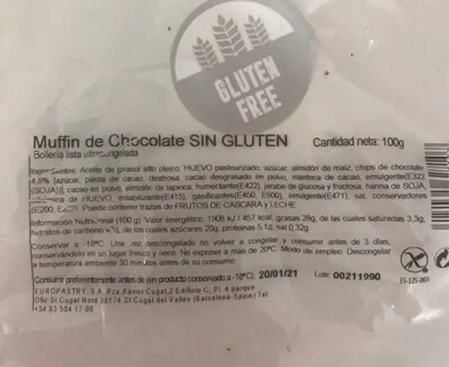 Muffin De Chocolate Sin Gluten - 1 Unidad nutrition facts table