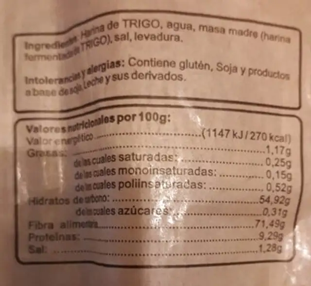 Pan Barra Rústica masa madre doble fermentación nutrition facts table
