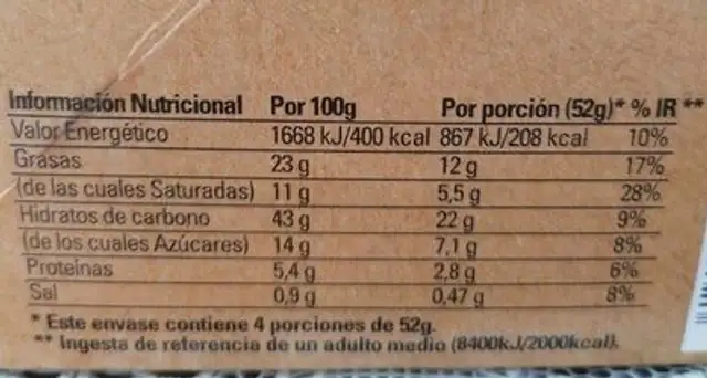 Dots original Bombón nutrition facts table