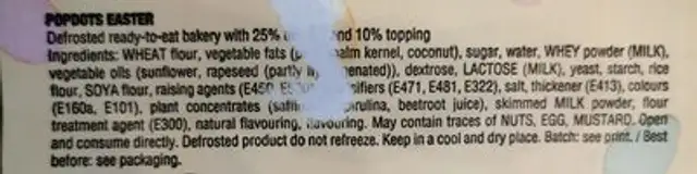 Popdots ingredients label