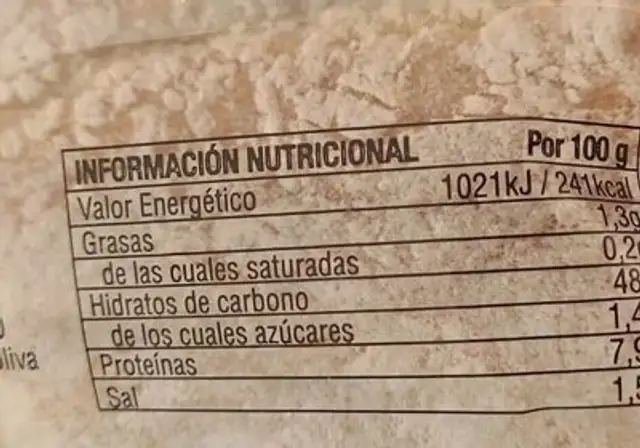 Pan Cristal natural nutrition facts table